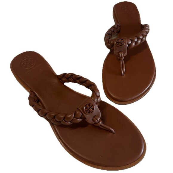 Tory Burch Braided Benton Womens 7.5M Brown Leather Thong Flat Sandals 88492 - Picture 2 of 11